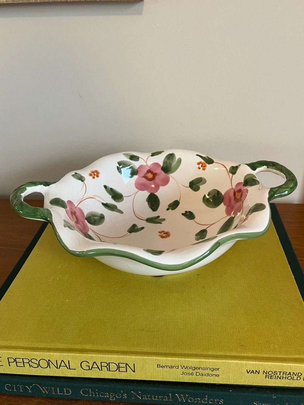 Hand-Painted Floral Ceramic Serving Bowl - Pink & Green